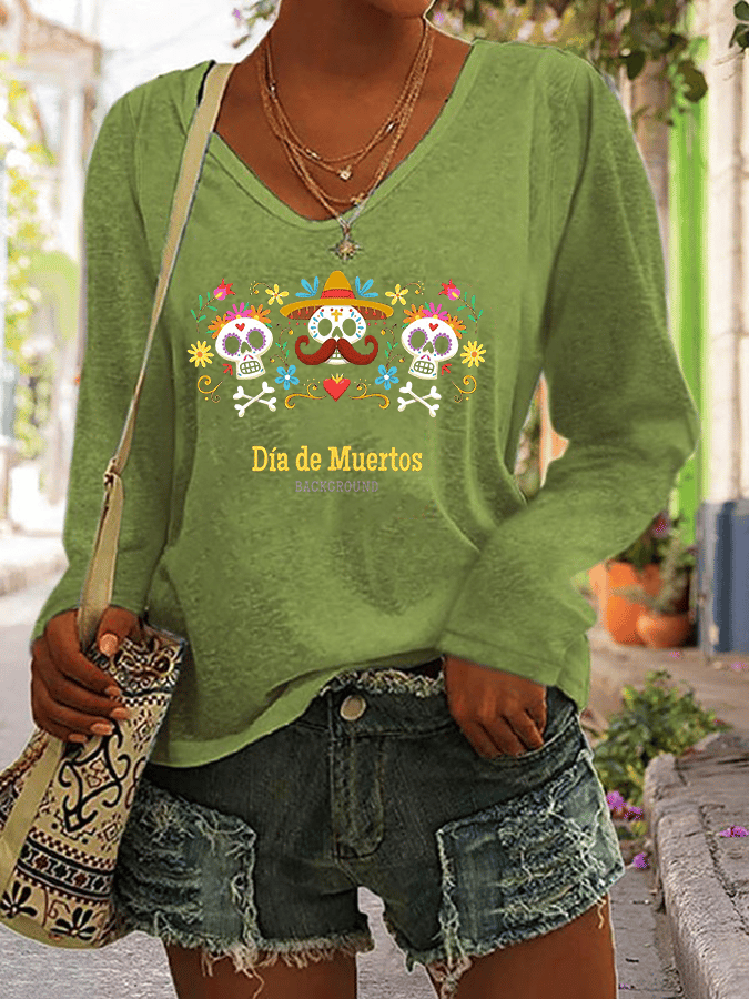 Women's Day of the Dead Print Casual V-Neck Long Sleeve T-Shirt