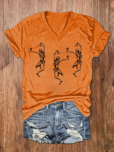Women's Dancing Skull Print V-Neck T-Shirt
