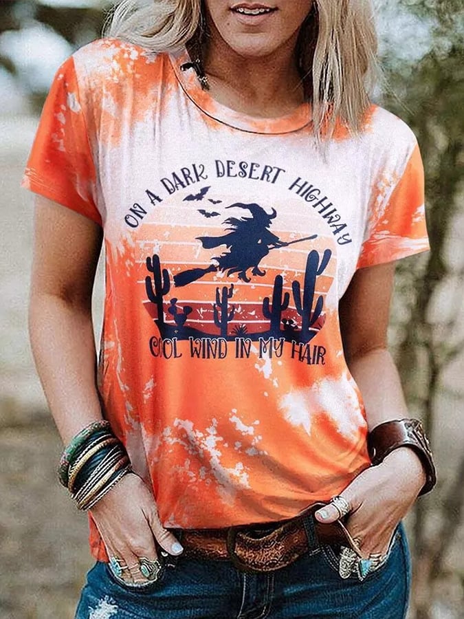 Women's Halloween On A Dark Desert Highway Cool Wind In My Hair Witch Print Casual Tee