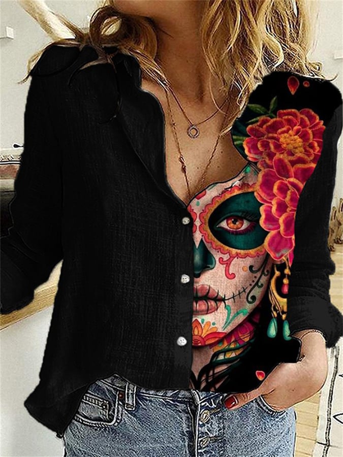 Women's Day Of The Dead Skull Patchwork Print Long Sleeve Casual Shirt