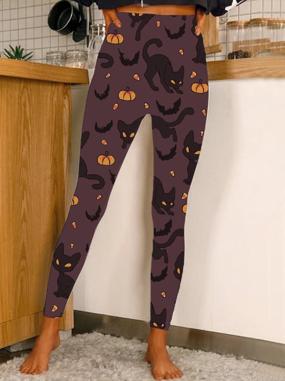 Women's Pumpkin & Black Cat Fun Print Leggings