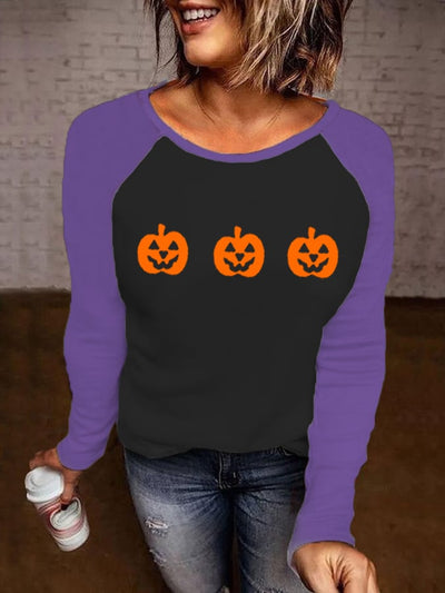 Women's Pumpkin Face Print Casual Long-Sleeve T-Shirt
