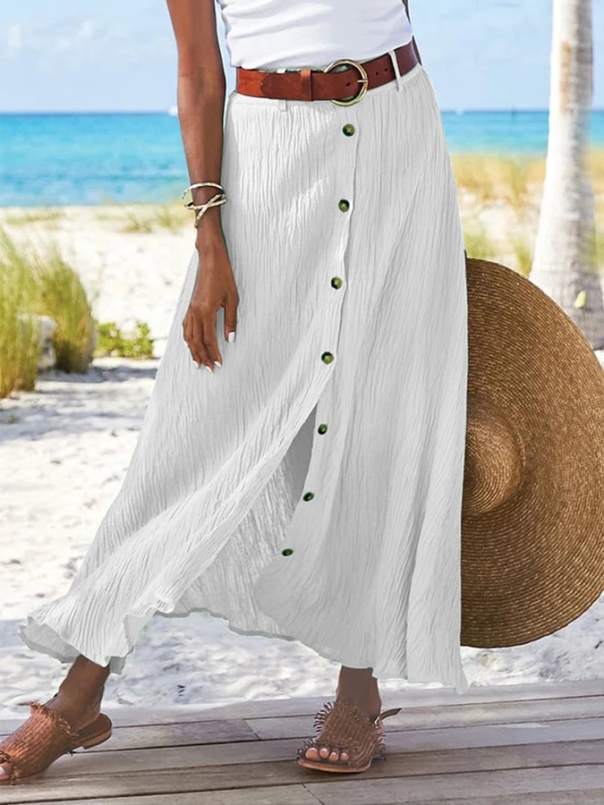 Solid Color Cotton And Linen Mid-Waist Long Skirt