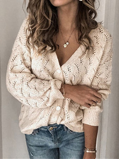 Women's Crochet Hollow V-Neck Breasted Sweater Cardigan