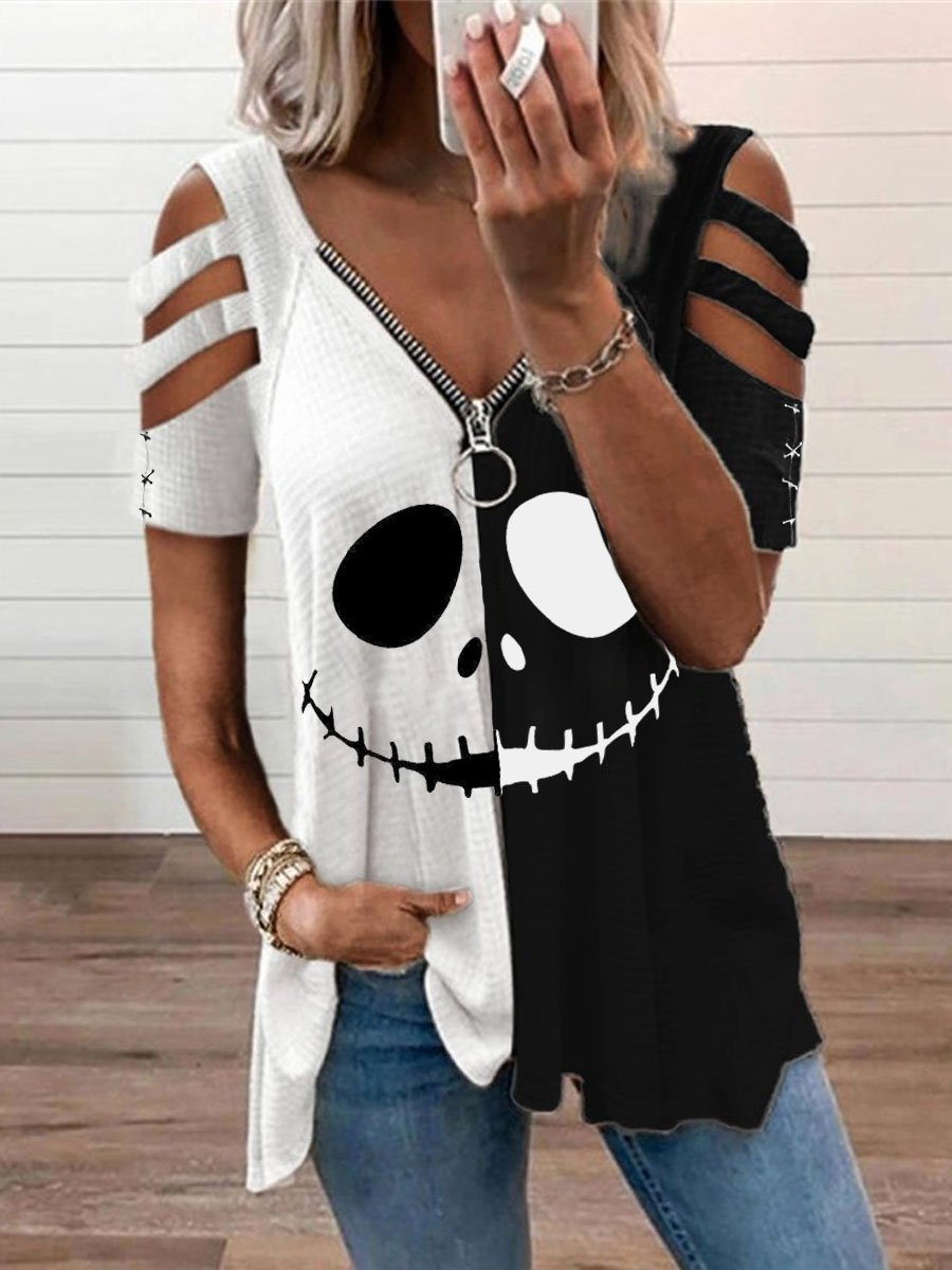 Women's Halloween Funny Skull Expression Cutout Sleeve Zip Top