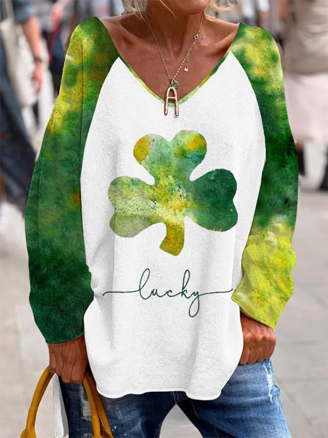 Women's St Patrick's Day Lucky Shamrock Print Raglan Sleeve V-Neck Long Sleeve Top