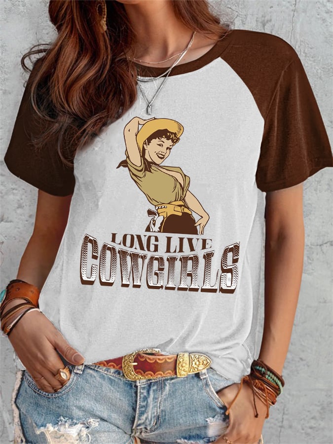 Women's Vintage Western Long Live Cowgirls Print T-Shirt