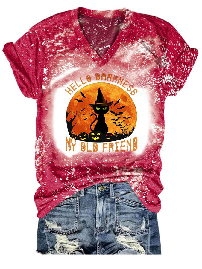 Halloween Pumpkin Cat Hello Darkness My Old Friend Print Casual T-Shirt