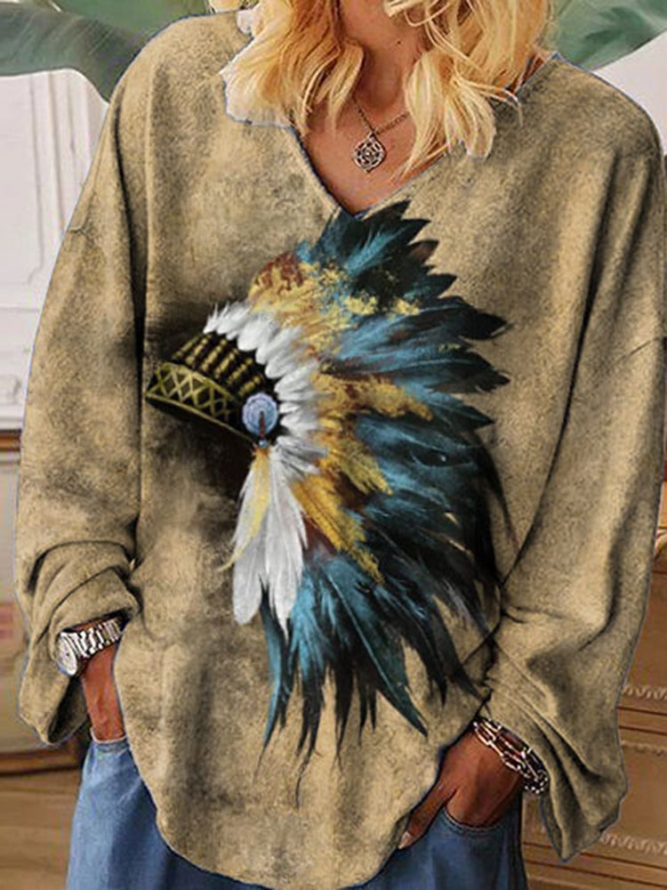 Casual Chief Feather Print Long Sleeve T-Shirt
