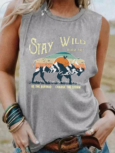 Women's Western Stay Wild Retro Bison Print Top