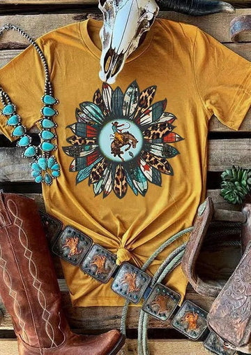 Women's Rodeo Cowboy Leopard Sunflower Print Crew Neck T-Shirt