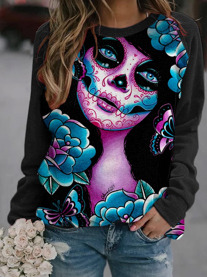 Women's Art Sugar Skull Print Casual Sweatshirt