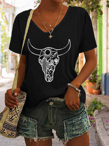 Women's Cow Skull Desert Sweatshirt V-Neck T-shirt