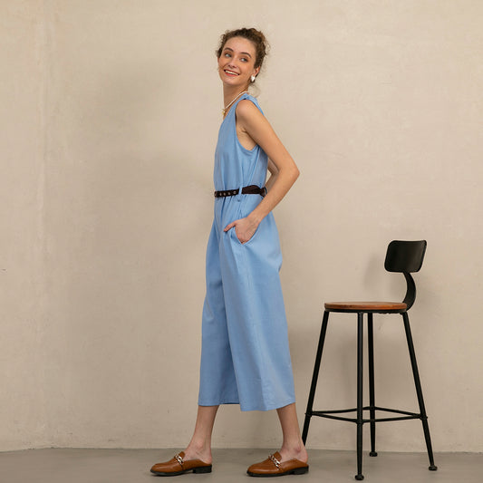 Women's Sleeveless V-Neck Cotton Linen Jumpsuit