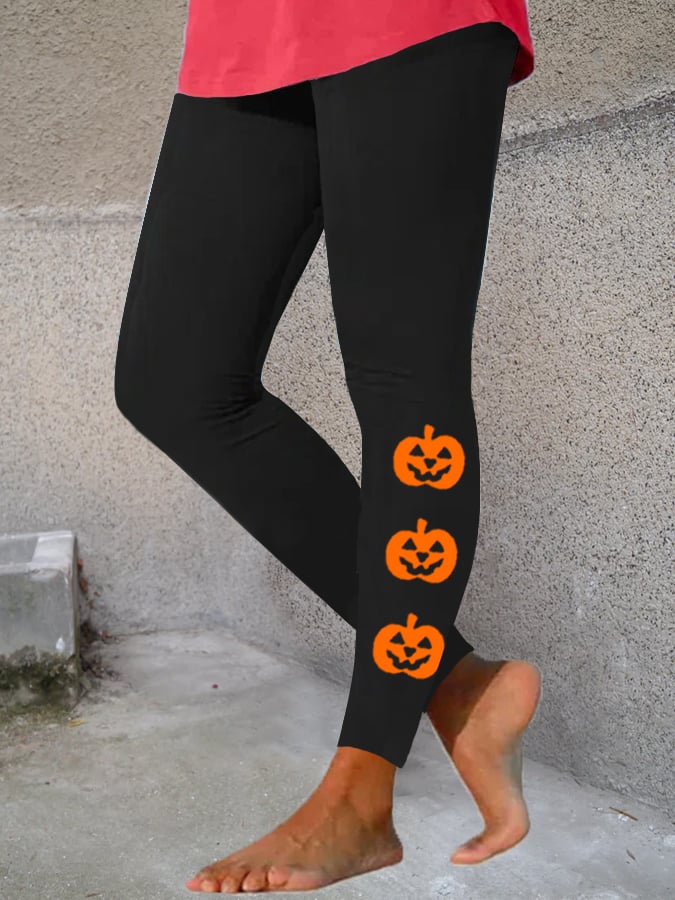 Women's Pumpkin Face Print Stretch Leggings