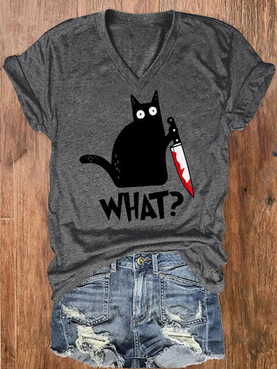 Women's Halloween Black Cat Print V-Neck T-Shirt