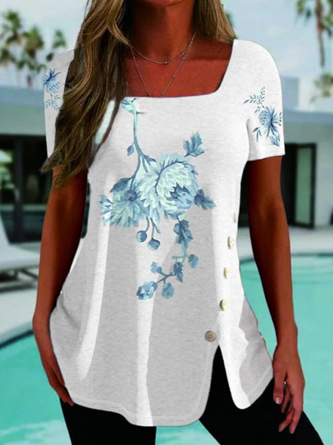 Women's Casual National Style Button Split Short Sleeve Top