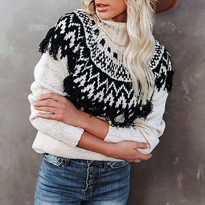 Vintage Fringed Turtleneck Pullover Loose Sweater