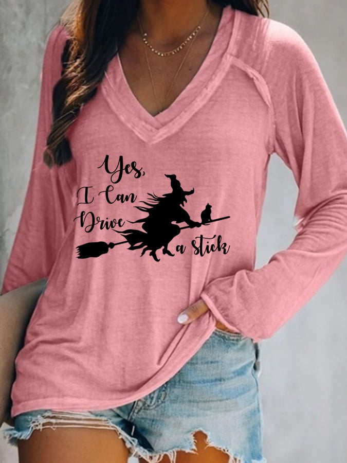 Women's Yes I Can Drive a Stick Funny Witch Casual V-Neck Long-Sleeve T-Shirt