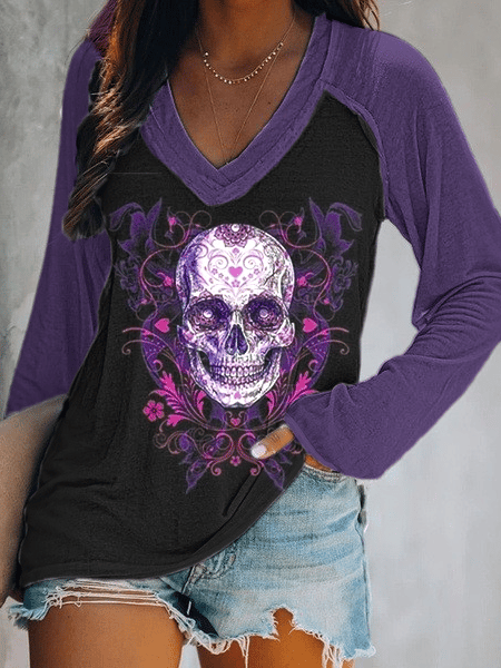 Women's Day of the Dead Skull Print Double Layer V-Neck Long Sleeve T-Shirt