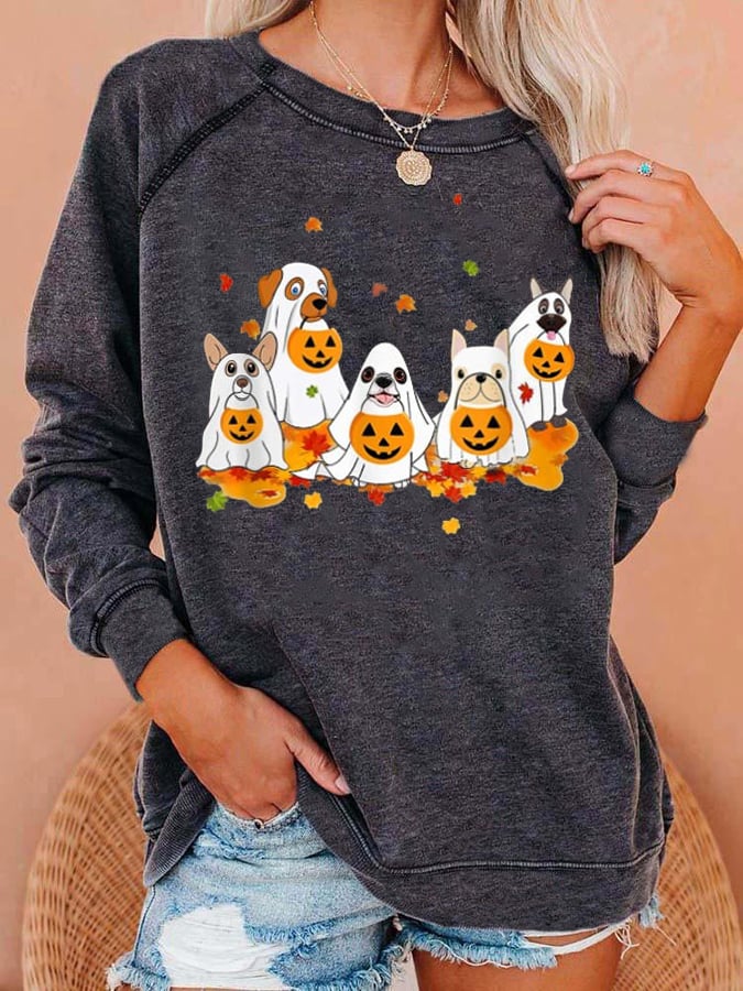 Women's Halloween Ghost Dog Print Casual Crewneck Sweatshirt