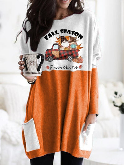 Women's FALL SEASON Pumpkin Print Pocket T-Shirt
