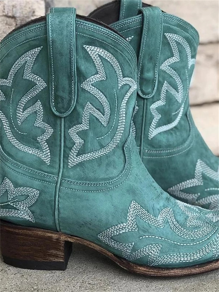 Wisherryy Vintage Embroidered Western Cowgirl Ankle Boots