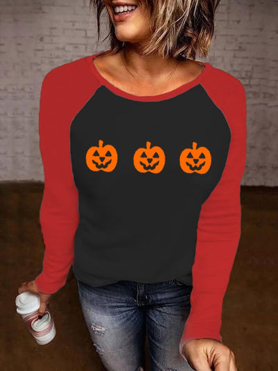 Women's Pumpkin Face Print Casual Long-Sleeve T-Shirt