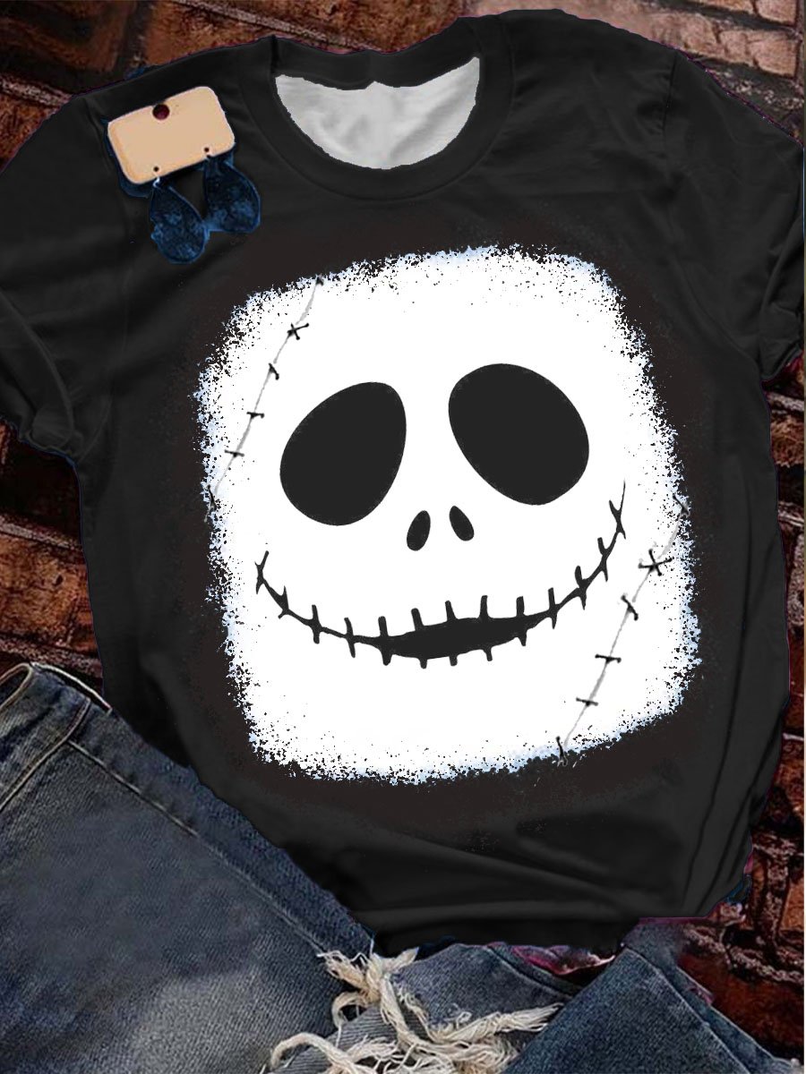Women's Halloween Funny Skull Emoticon Print Splatter T-Shirt