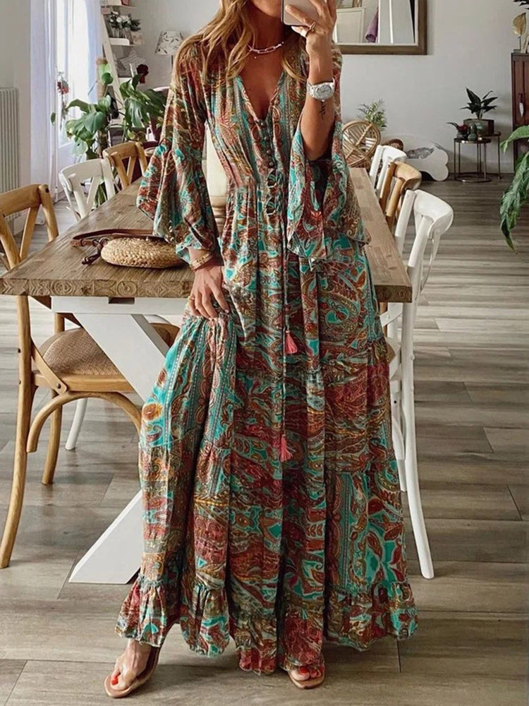 Women‘s�?Boho Floral Pattern Flared Sleeve Maxi Dress