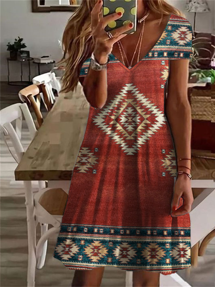 Western Ethnic Aztec V Neck Midi Dress