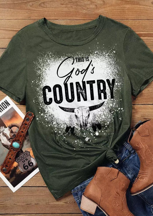 Women's This is God's Country Steer Skull Bleached Print Crew Neck T-Shirt