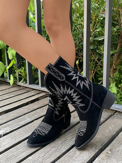 Women's winter retro western cowboy new slim V-mouth embroidery square-toe thick-heeled mid-tube knight boots
