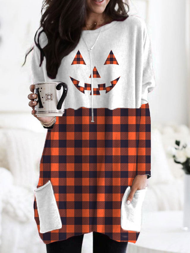 Women's Halloween Check Pumpkin Face Print Long T-Shirt