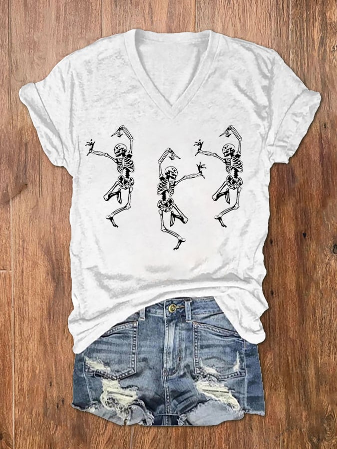 Women's Dancing Skull Print V-Neck T-Shirt