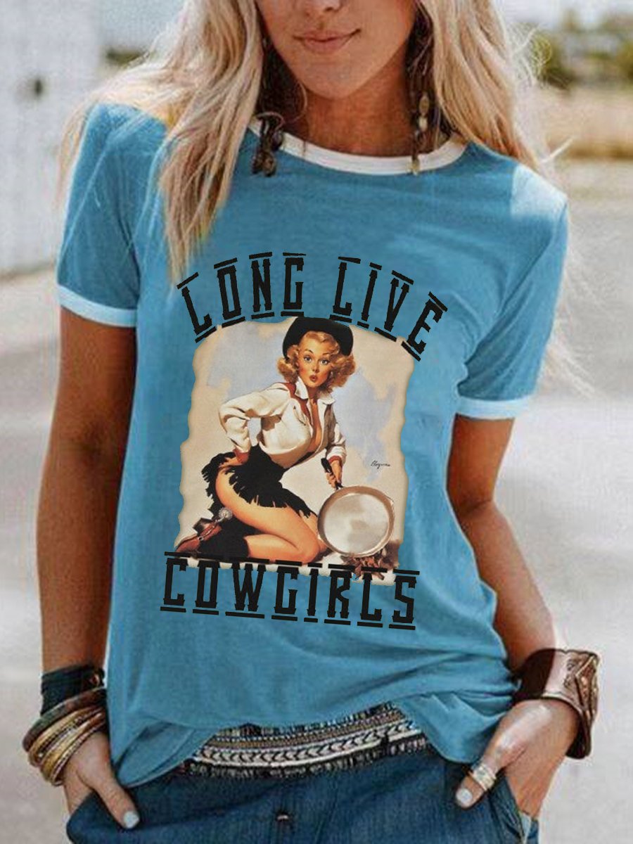 Women's Vintage Western Long Lives Cowgirls Modern Girl Print Top