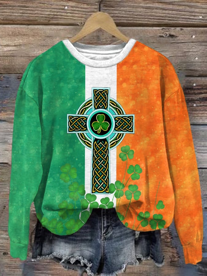 Retro St. Patrick's Day Shamrocks Irish Celtic Knot Cross Print Sweatshirt