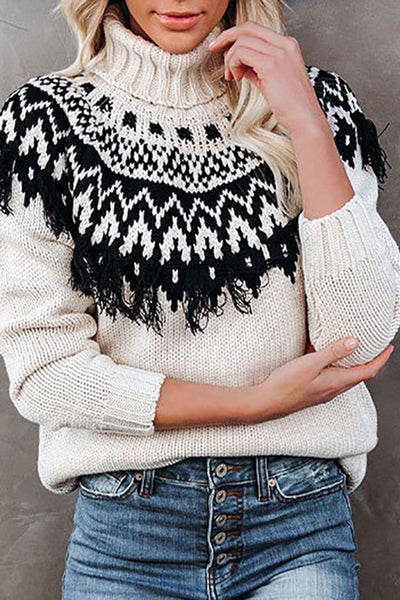 Vintage Fringed Turtleneck Pullover Loose Sweater