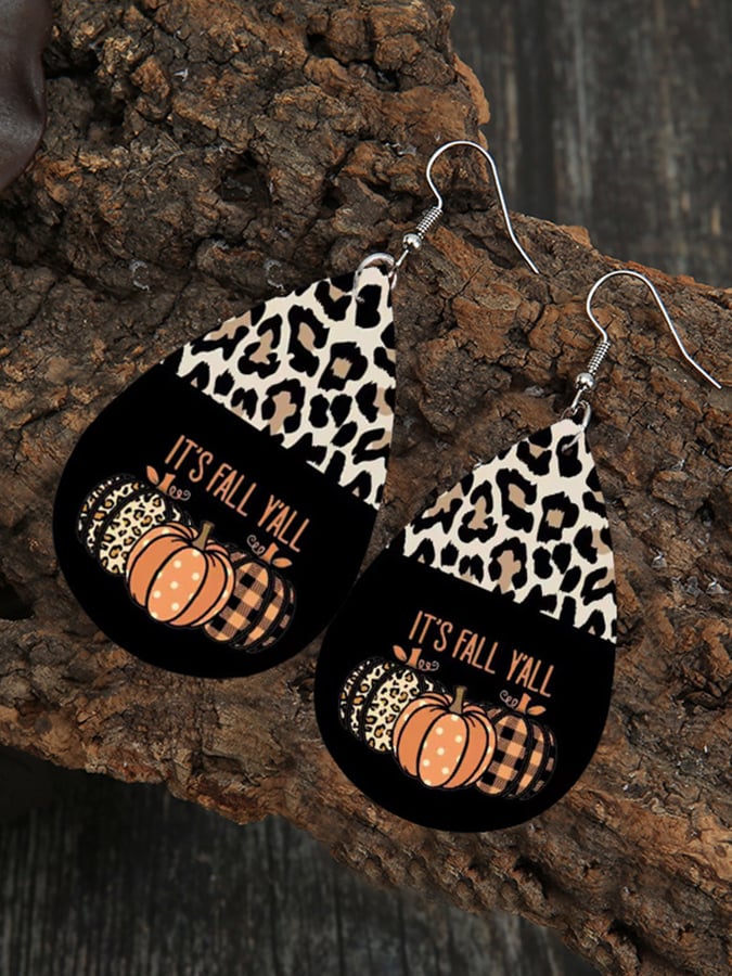 Women's Thanksgiving It's Fall Y'all Pumpkin Leopard PU Earrings