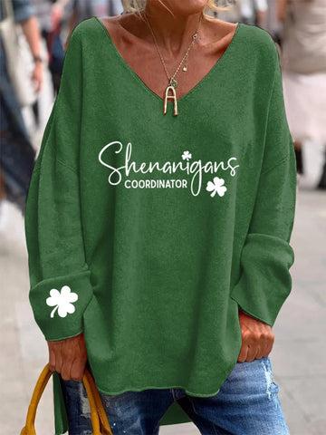 Women's St. Patrick's Day "Shenanigans Coordinator" Printed V-Neck Long Sleeve Top