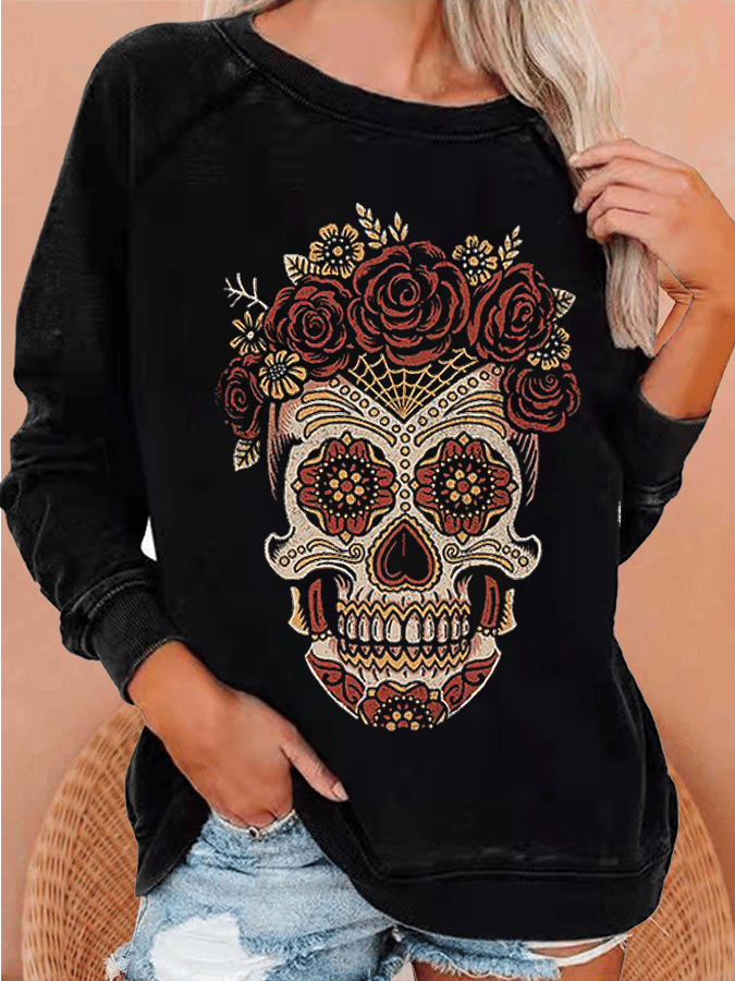 Women's Art Undead Skull Print Casual Crewneck Sweatshirt