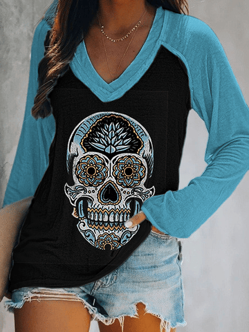 Women's Art Undead Skull Print Double Layer V-Neck Long Sleeve T-Shirt