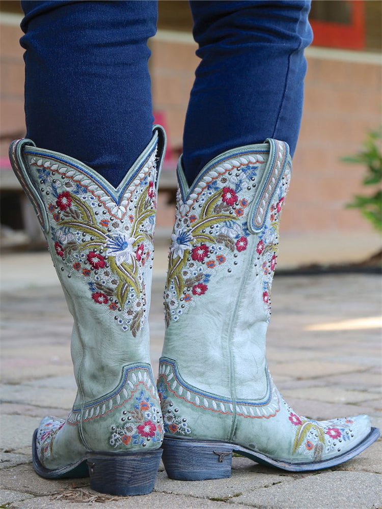 Vintage Floral Embroidered Cowgirl Boots