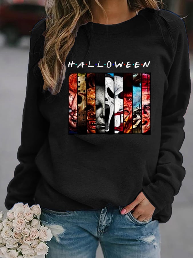 Halloween Faceless Print Crew Neck Long Sleeve Casual Sweatshirt