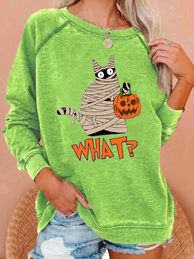 Women's Halloween Bandage Black Cat Pumpkin Print Casual Sweatshirt