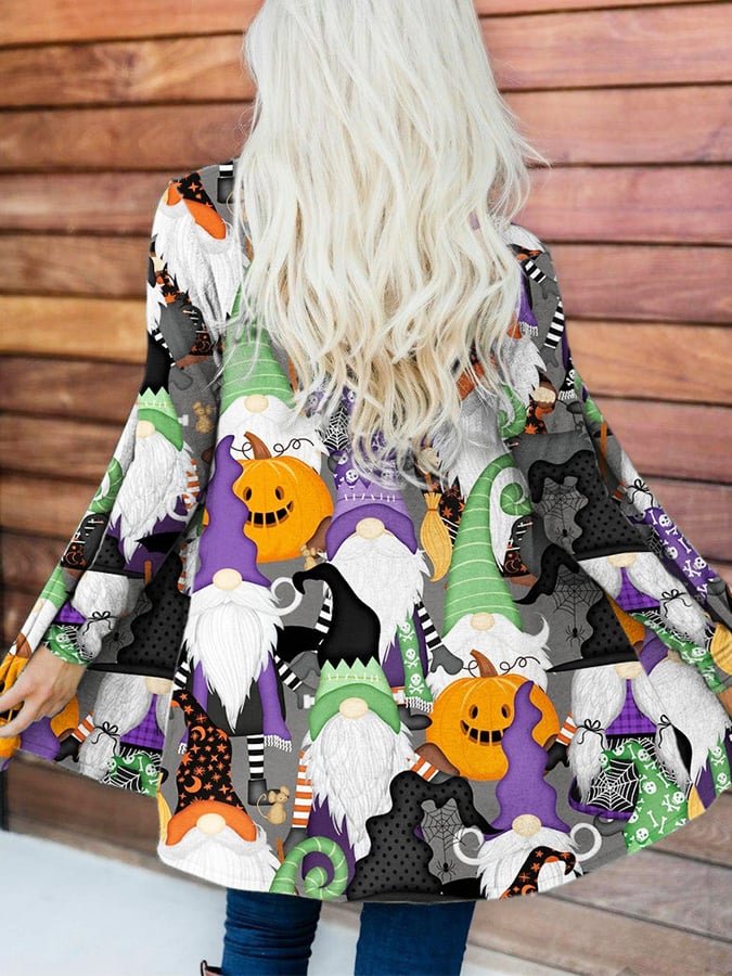 Women's Halloween Pumpkin Gnome Print Cardigan