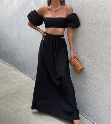 Chic Puff Sleeves Off Shoulder Top Maxi Dress Set