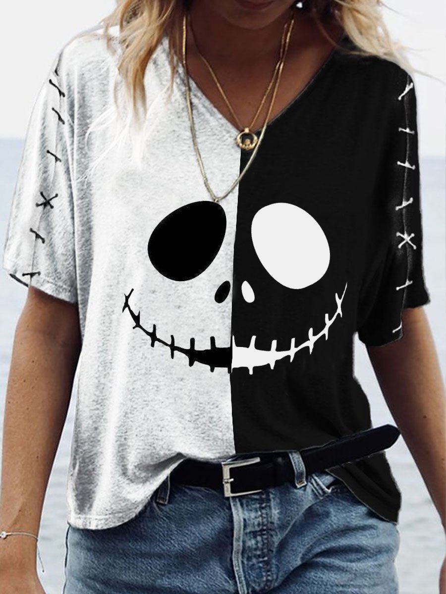Women's Halloween Funny Skull Emoticon Print Splatter T-Shirt