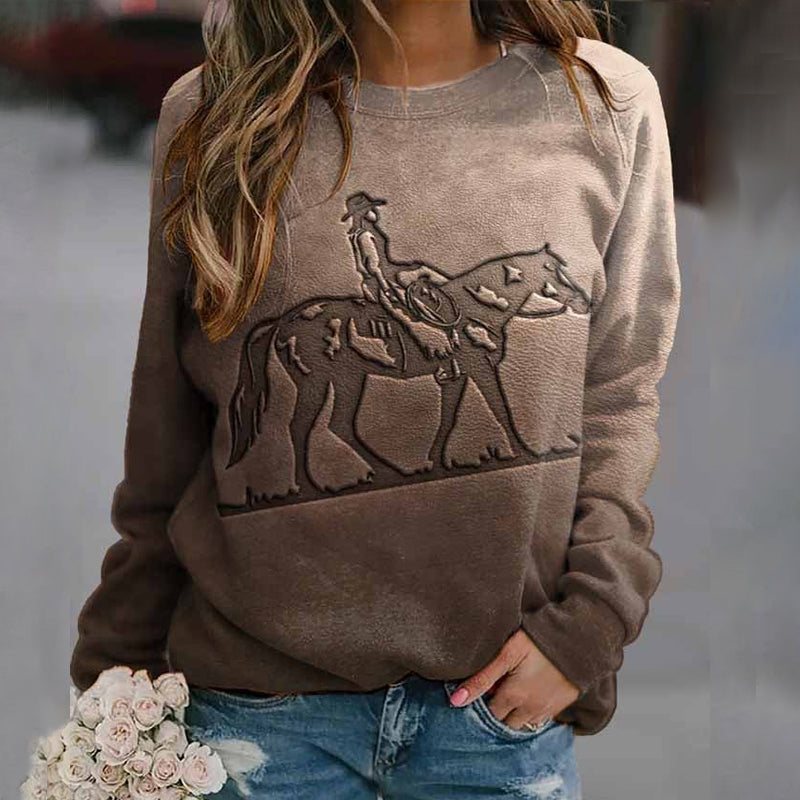 Vintage Western Horse Print Crew Neck Long Sleeve Sweatshirt