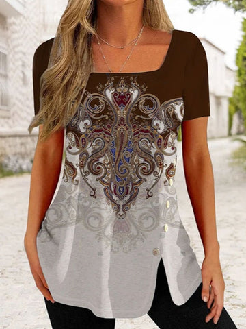 Women's Casual National Style Button Split Short Sleeve Top